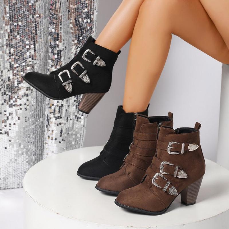 Women'S Chunky Heel Ankle Boots with Rhinestone Buckle Straps  Round Toe Zipper Closure Faux Cover Sole Stylish High Heel Boots