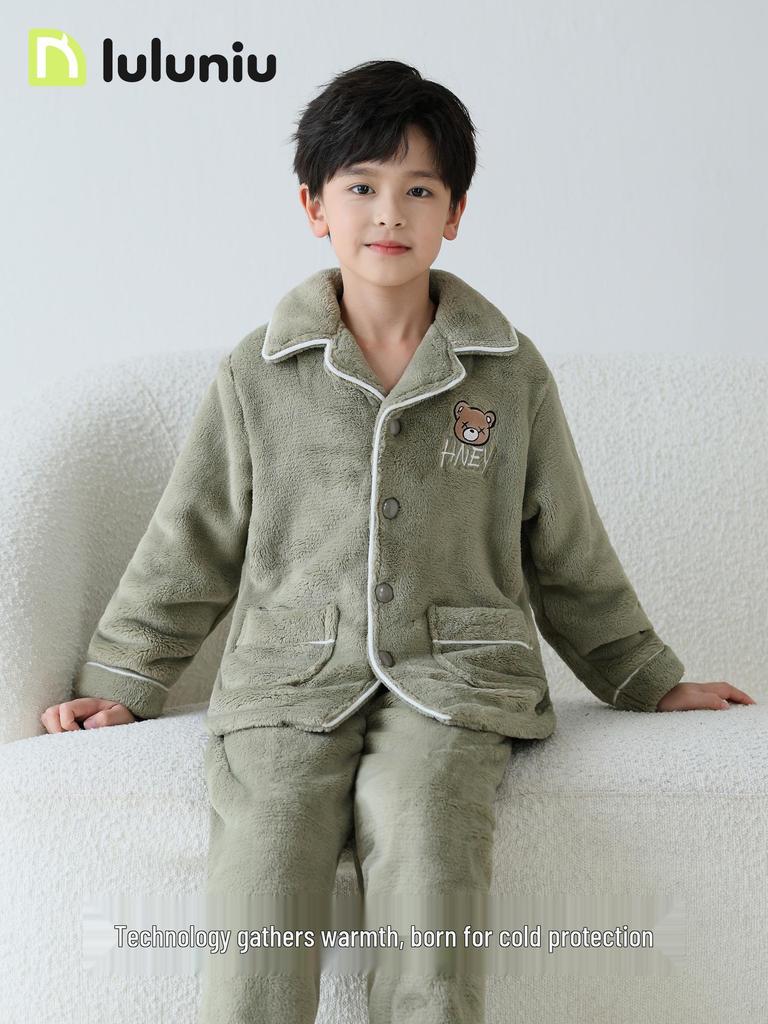 Fall/Winter Boys' Coral Fleece Pajamas: 2025 Thick Flannel Homewear for Kids