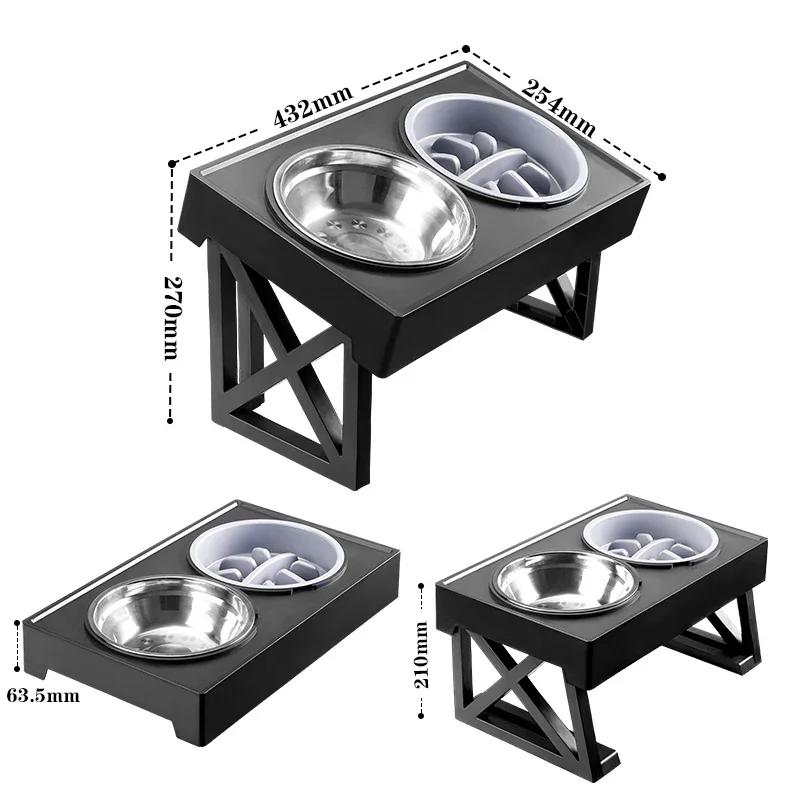 Stainless Steel Pet Bowl Double Basin Dog and Cat Bowl Adjustable Height Slow Feeding Water Bowl 2 In 1