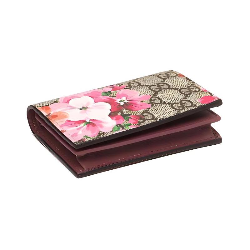 Gucci GG Blooms Presbyopia Logo Bi-fold Flap Geranium Print No Zipper Canvas Patch Leather Card Holder Wallet Women's Ebony/Pink
