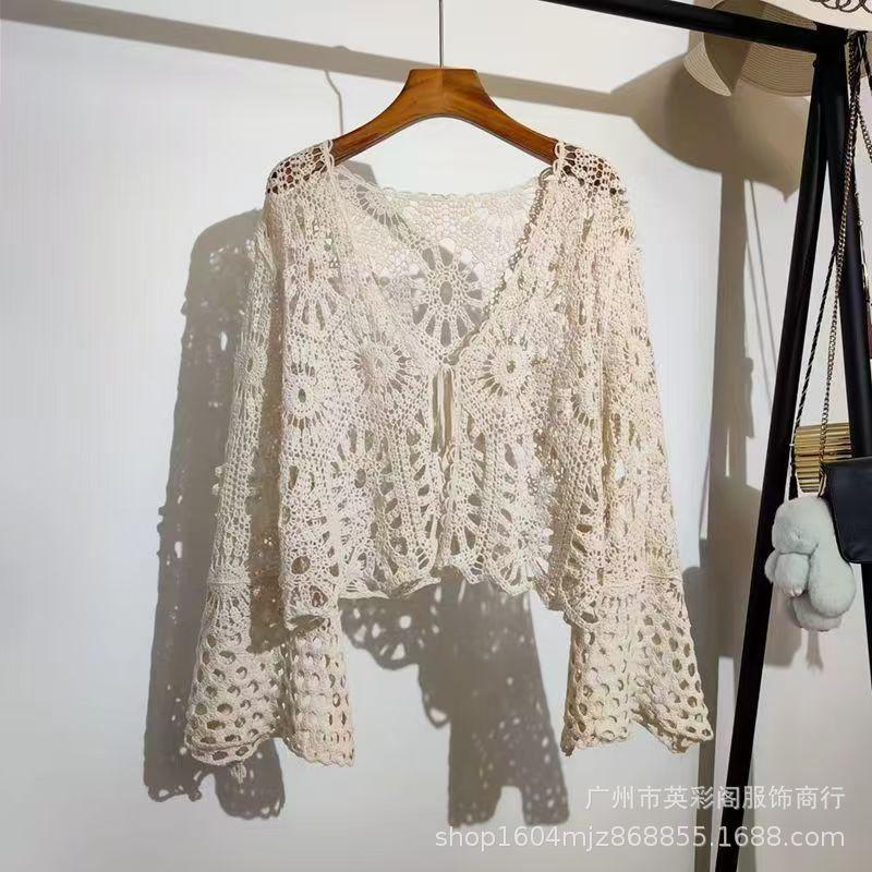 Seaside Retro Vacation Style Sunscreen Knitted Cardigan Women's Summer Hollow Crochet Loose Casual Niche Chic Top