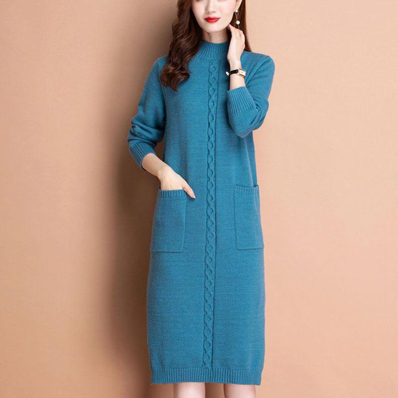 Autumn Winter Women's Half Turtleneck Knit Dress Slim Fit Solid Color Pullover Long Sweater Dress