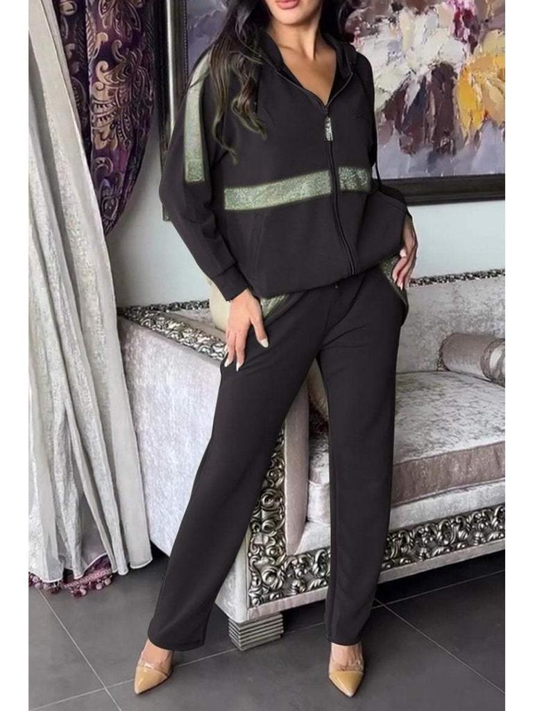 2024 Euro-American Solid Color Zip-Up Sweatshirt & Drawstring Pants Set - Women's Casual Two-Piece