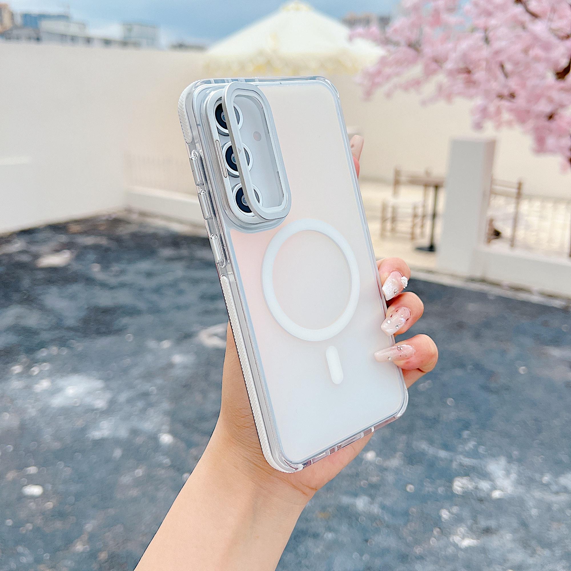 

For Samsung Galaxy A55 5G Magnetic Case TPU Acrylic Phone Back Cover with Lens Film and Kickstand White