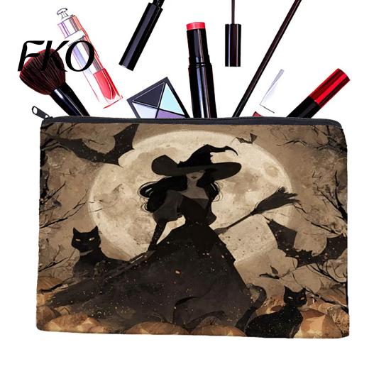 Reusable Storage Bag Bag,with Smooth Zipper, Thickened Polyester Large Capacity Cosmetic Halloween Witch Pumpkin Pattern Printed Pouch High-definition