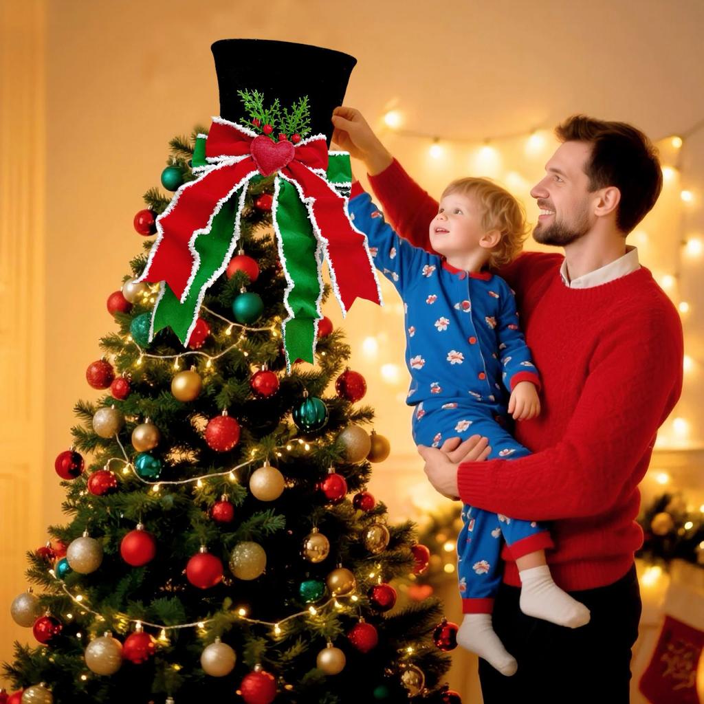 Christmas Tree Topper Hat Classic Heart Bow Hat Tree Topper Holiday Ornament for Home Decoration