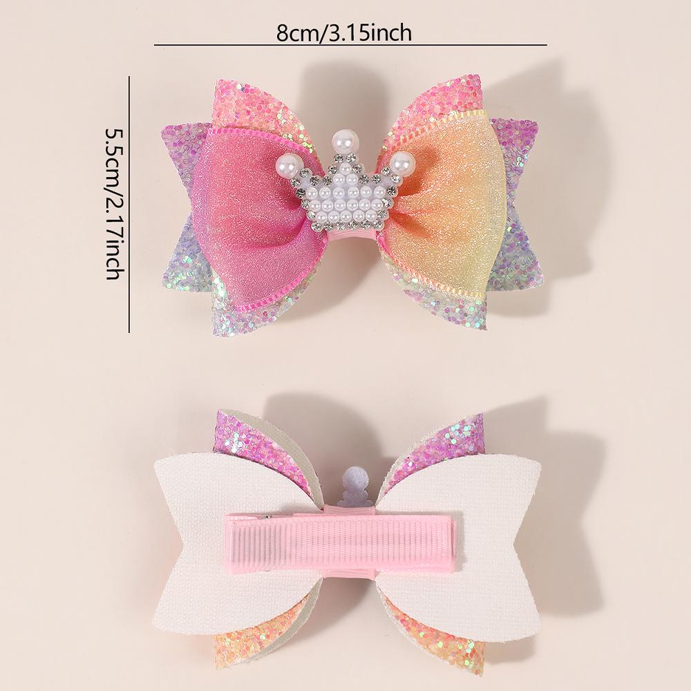 2Pcs Sweet Tulle Barrette Hair Bow Clip Sparkly Glitter Pigtails Hair Clip with Pearl Crown Headdress Kids