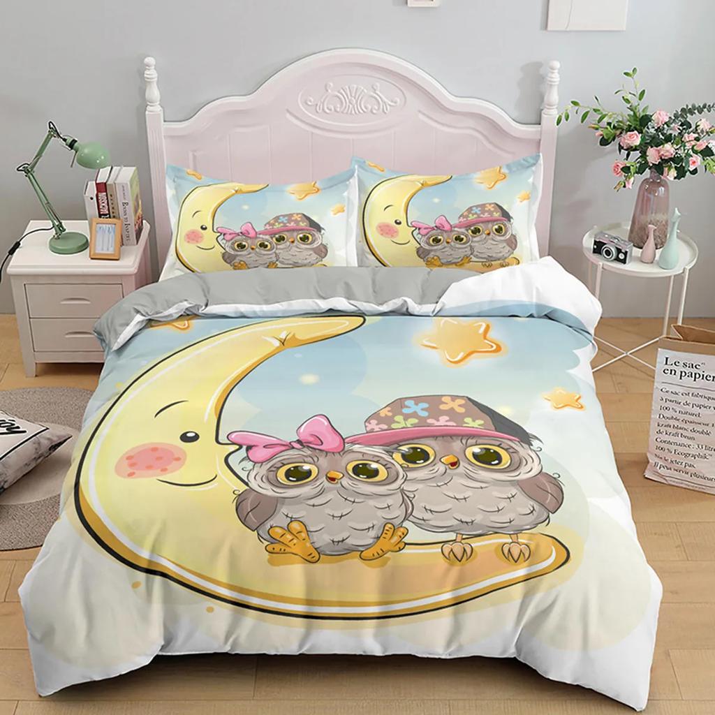 Cartoon Owl Duvet Cover Cute Night Animal For Kids Boys Girls Gifts Owl And Koala Tribal Feather Style Green Bedroom Decorations
