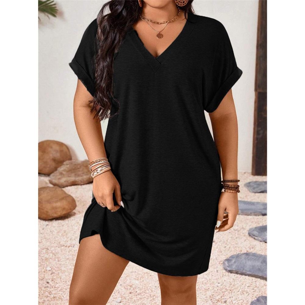 

Women s Summer Solid Color Short-sleeved V-neck Plus Size Dress M чёрный