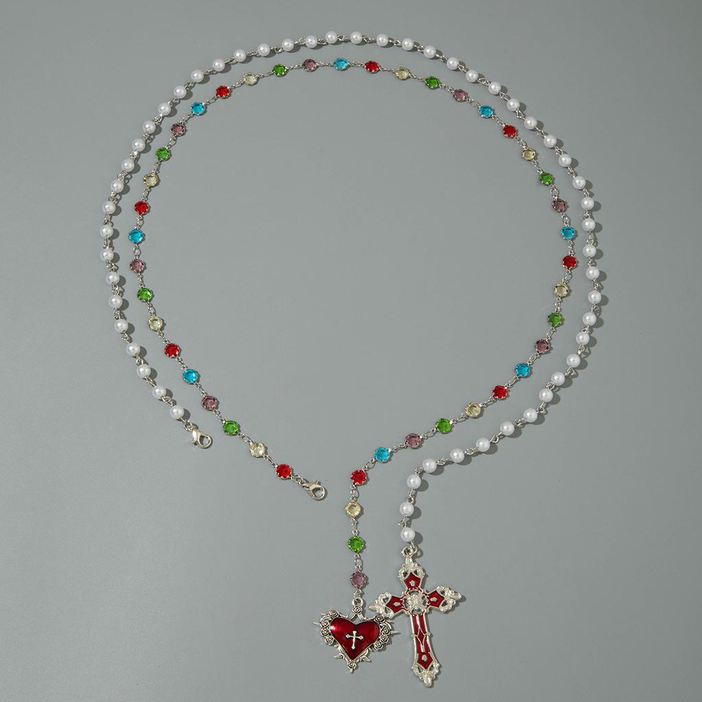 Élégant collier perle imitation femme, croix strass colorés multicouche avec collier en forme de Y