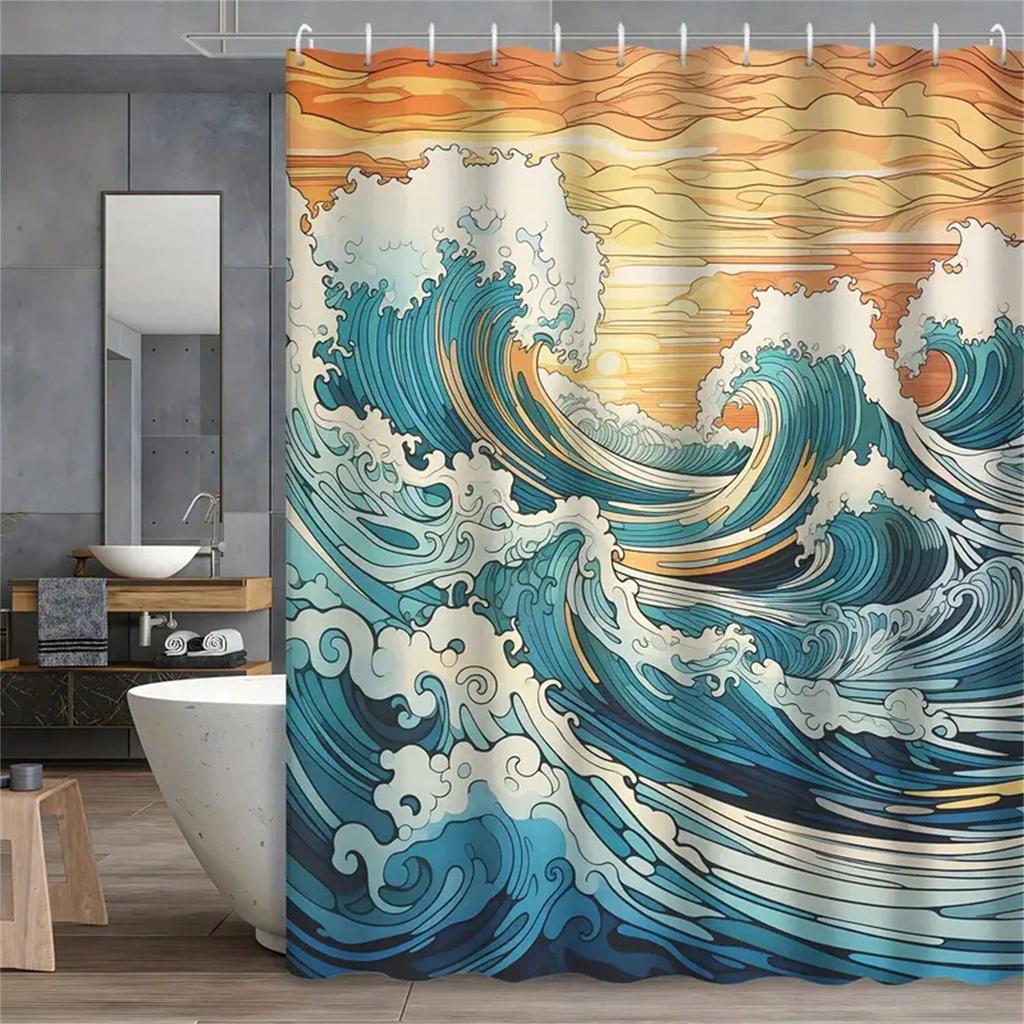 Ocean Wave Shower Curtain: Embrace The Dynamic Design, Soft Fabric, And Nautical Vibes For Your Inspiring Bathroom
