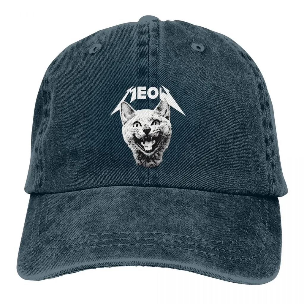 Gewaschene Herren Baseballkappe Miau Trucker Snapback Cowboykappen Papa Hut Heavy Mental Katze Meme Golfhüte