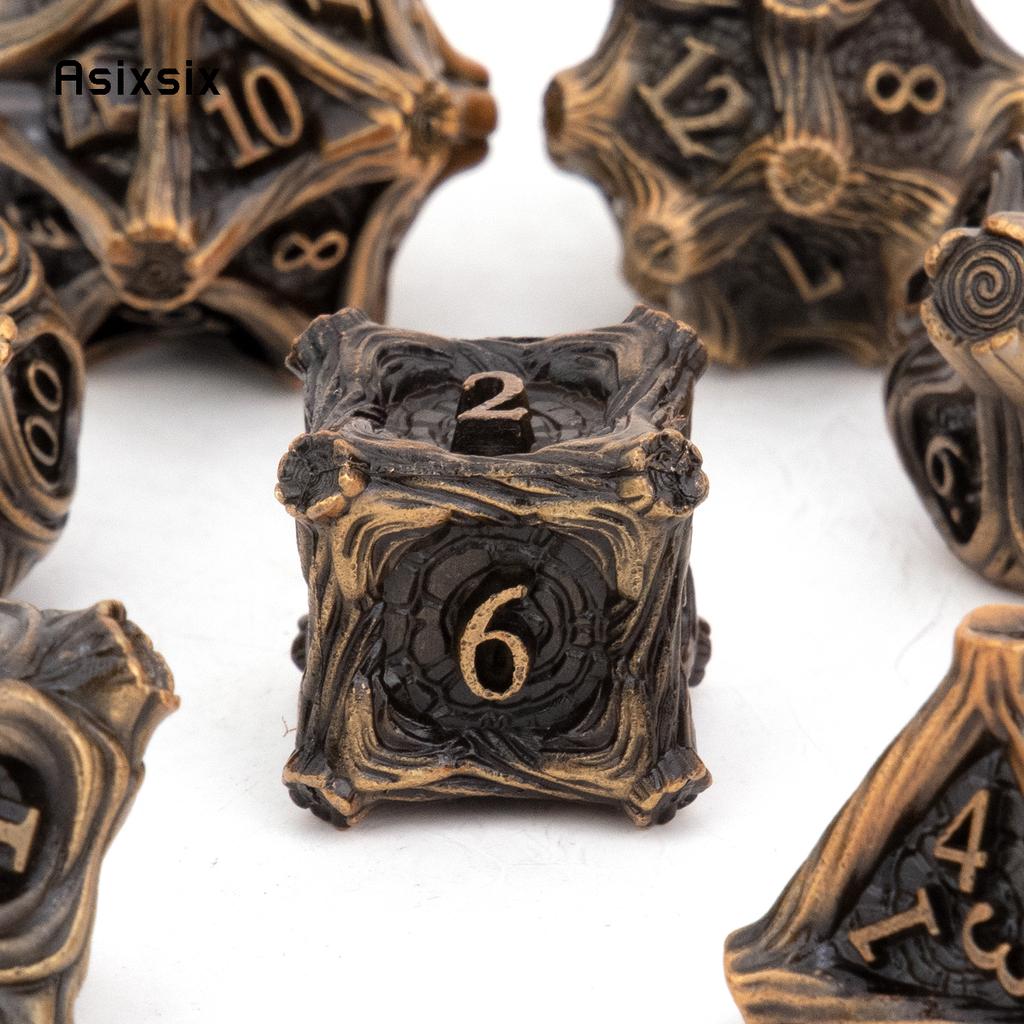 7 Pcs Yellow Tree Stump Root Metal Dice Solid Metal Polyhedral Dice Set Suitable for Role-Playing RPG  Board Game Card Game