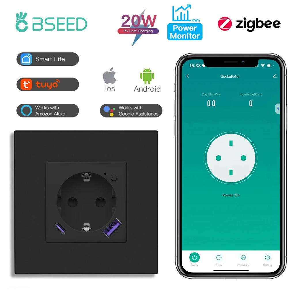 BSEED Zigbee Wall EU Socket Tuya Smart Socket With 20W Type-c USB Power Charging Ports Plastic Matte Frame 1/2/3/4/5/6 Packs