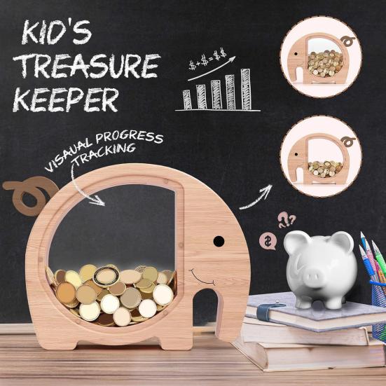 Spardose aus Holz Elefant Kinder Spardose Sparschwein mit transparentem Fenster Niedliche unzerbrechliche Spardose Geburtstagsgeschenk für Jungen Mädchen