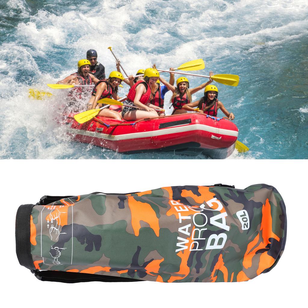 Saco Estanque Impermeável Poliéster PVC Leve Dobrável Portátil Enrolável Saco Estanque para Natação Camuflado Laranja 20L