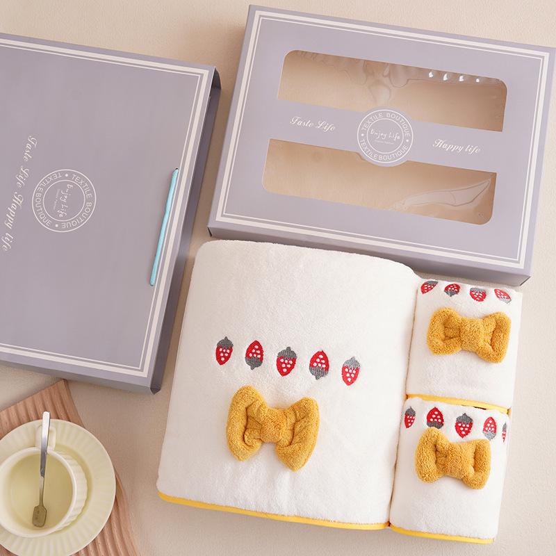 Strawberry Embroidered Bowknot Bath Towels - Coral Fleece Gift Set