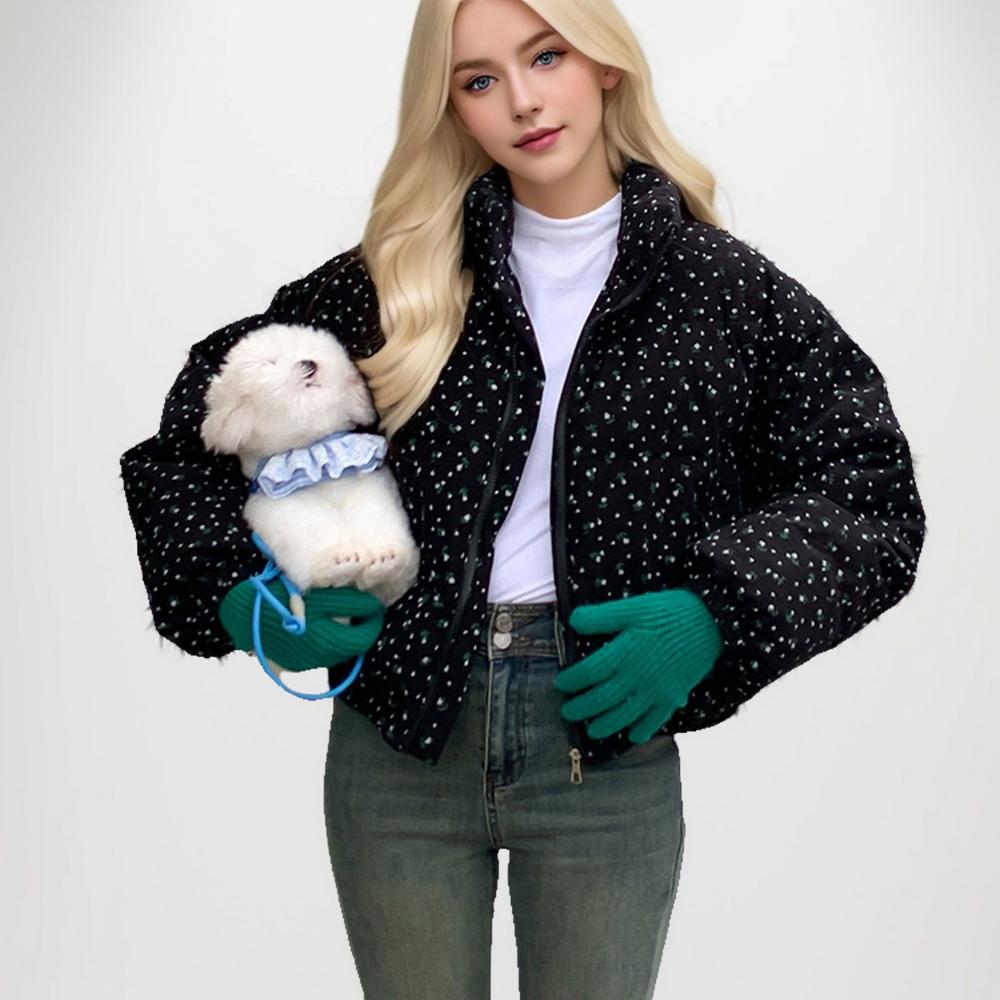 Trendy Dunjakke Dame Ny Kort Mote Floral Bomullsjakke Løs Fortykket Varm Jakke