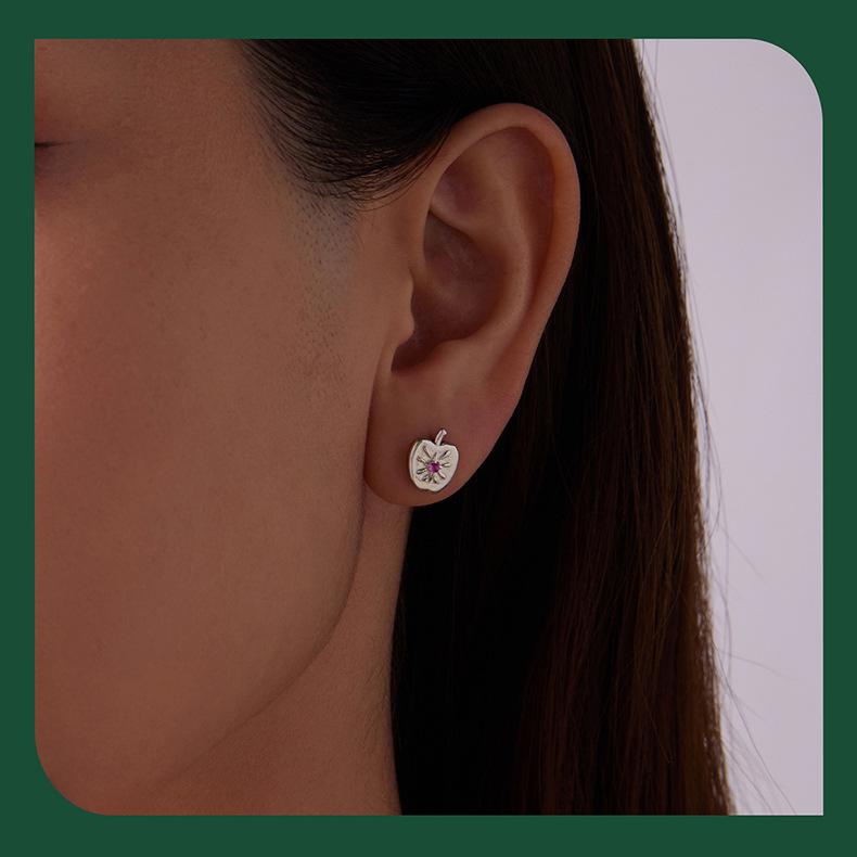 Yinziyun Asymmetrical Christmas Apple Earrings: S925 Sterling Silver Lucky Red Apple Studs
