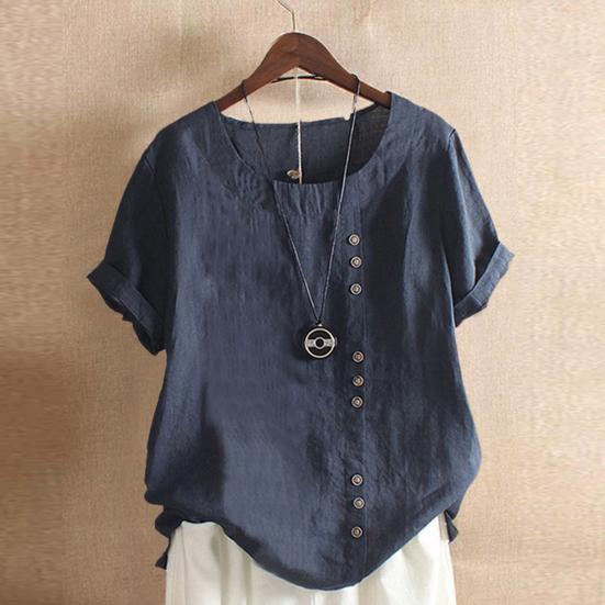 Woman Tops Round Neck Short Sleeves Solid Color Pullover Breathable Casual Wear Oversize Summer Loose Cotton Linen Leisure Shirt Women Clothes