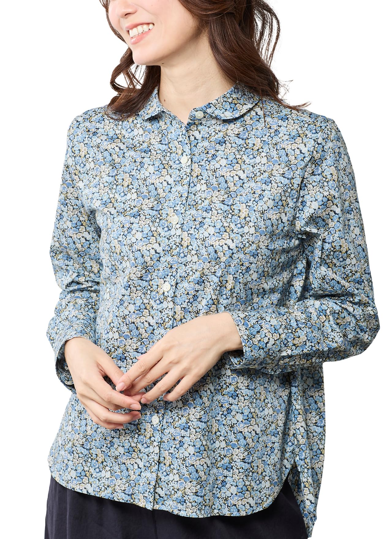 

920 Сделано в Японии Рубашка с круглым воротником Liberty Блузка Топ Длинный рукав Tana Lawn F Синий x Темно-синий Мелкий цветочный [ИСП] Женская (М, Узор)