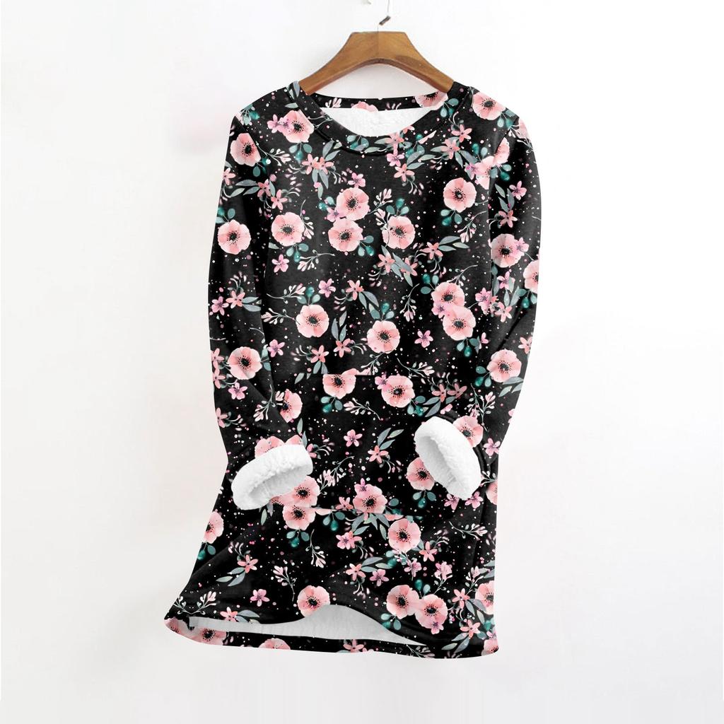 Women's Fashionable Printed Round Neck Long Sleeved Plush Warm Pullover Top