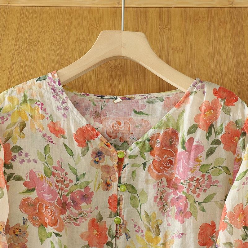 2025 Summer New Refreshing Versatile Printed Cotton and Linen Shirt Women's Seven-quarter-sleeved V-neck Casual Temperament Cardigan Top