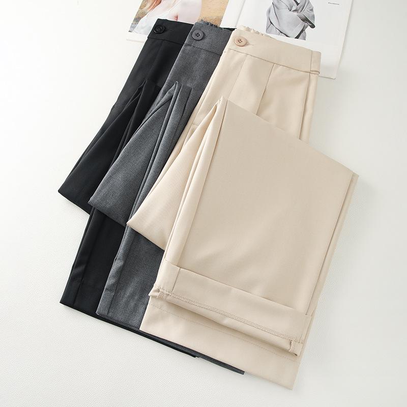 Women's 2025 Gray High-Waisted Wide-Leg Dress Pants - Spring/Autumn Casual and Drapey