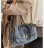 Denim Tote Bag with Metal Buckle and Chain Strap Deep Blue Light Blue Black Vintage Stitching Design for Women Non-Adjustable Sl