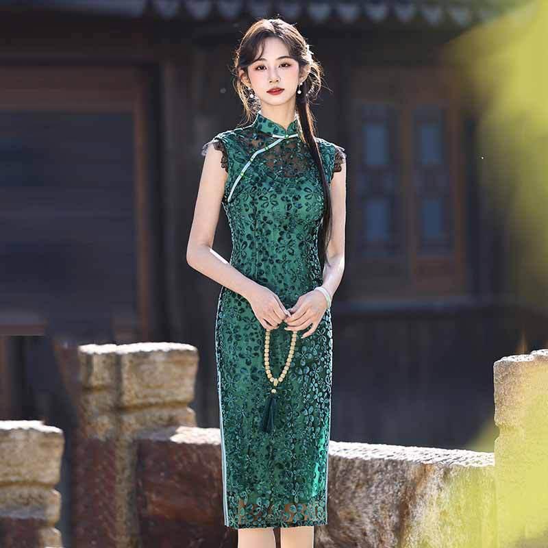 Elegant Sleeveless Qipao Dress 2026 Womens Vintage Chic Fit Flare With Lace Overlay Medium