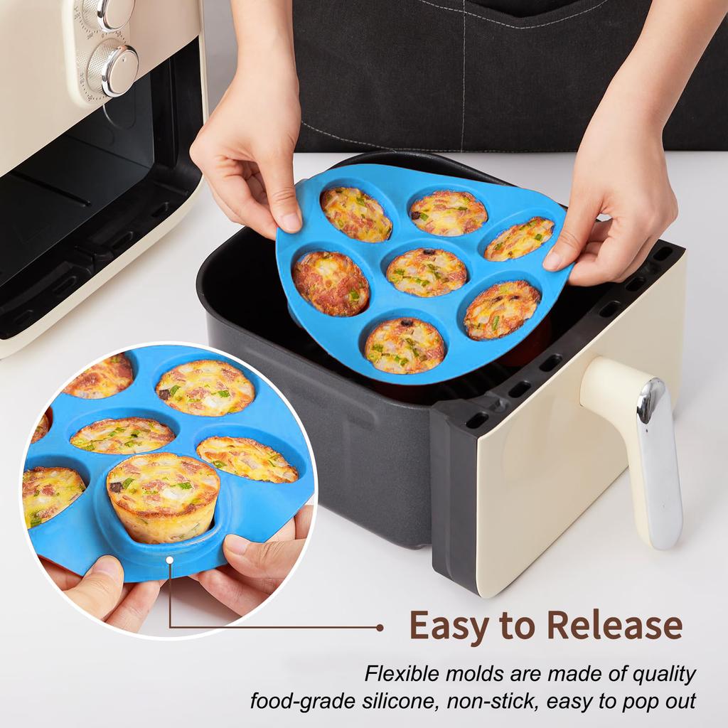 Forme din silicon pentru ouă gătite la Air Fryer - Formă de brioșe cu 7 cavități, antiaderentă, pentru brioșe/quiche-uri/tarte - Se poate spăla în mașina de spălat vase