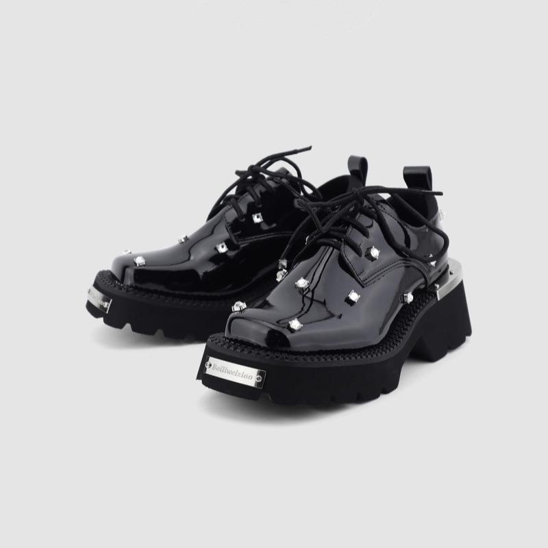 Rhinestone thick-soled thick-heeled small leather shoes for women's 2025 early spring new leather British style metal black lace-up shoes