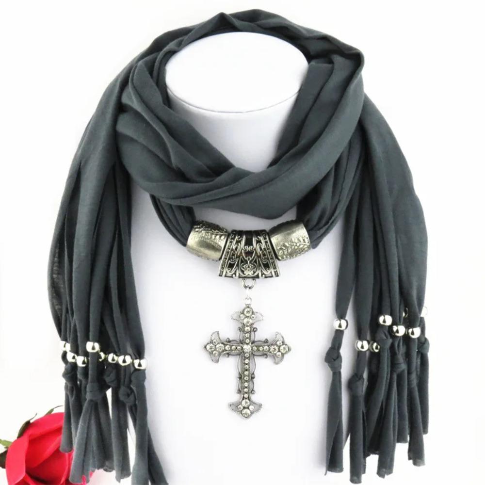 Women Fringe Scarf Polyester with Cross Charm Fashion Accessories Scarf