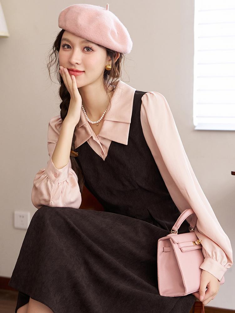 Mishow Rochie de damă French Patchwork 2023 Toamnă Elegantă Talie Mânecă Lungă Rever Fermoar Lateral Rochii Falsă Două Piese MXC45L1585