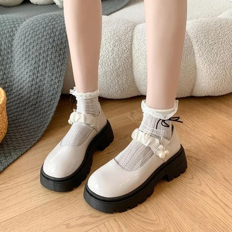 Fashion Loafers Ladies Pumps Japanese Style Lolita Gothic Pearl Mary Jane Kawaii Women's Shoes Cute Round Toe Platform with Medium Heels