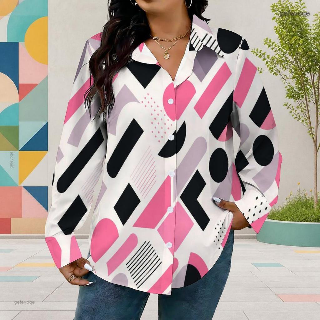 Women Plus Size Printed Collared Long Sleeve Shirt Button Front Curved Hem Pink Black White Gray