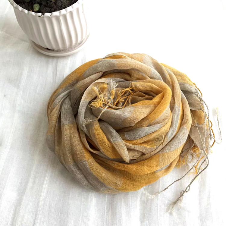 Yellow Plaid Linen Scarf Thin Versatile Shawl Summer Japanese Women'S Sunscreen Silk Scarf