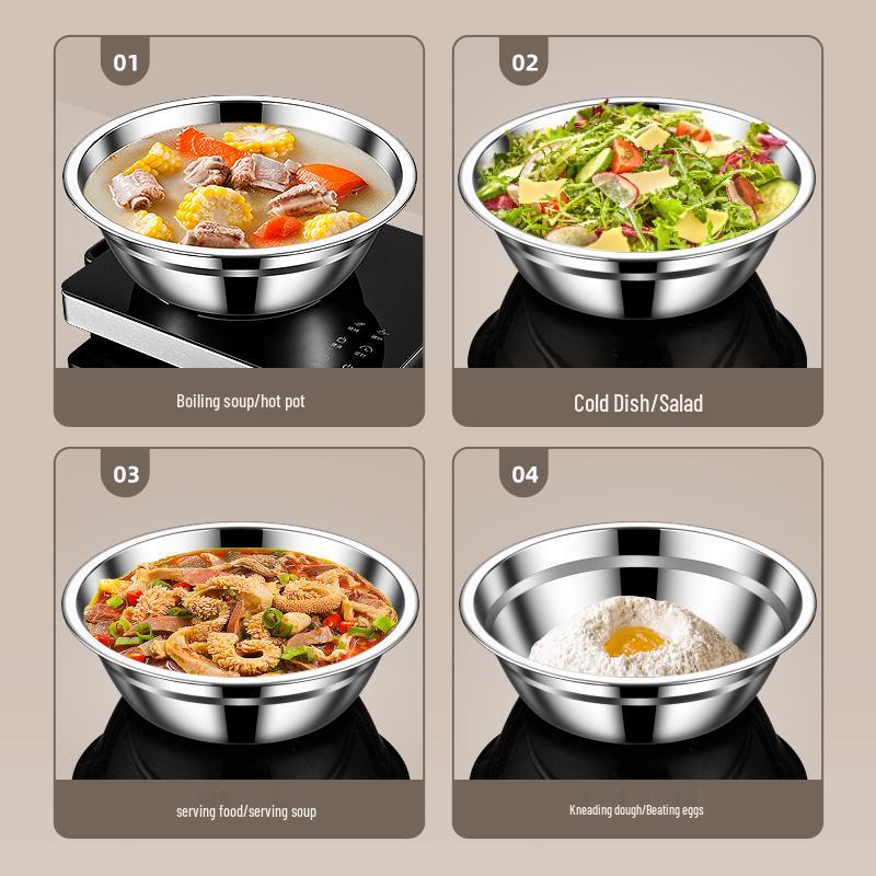 Food Grade 304 Stainless Steel Deep Soup & Rice Bowl with Flat Bottom for Induction Cookers