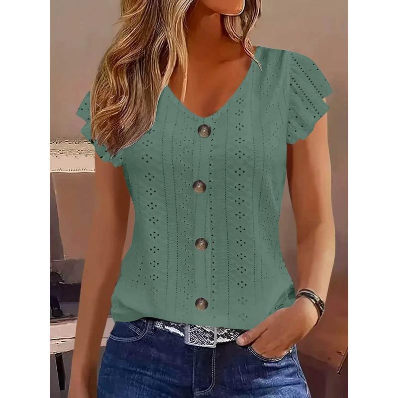 BITCED Women's Fashion Casual Solid Color Print Short Sleeve V-Neck Blouses & Shirts