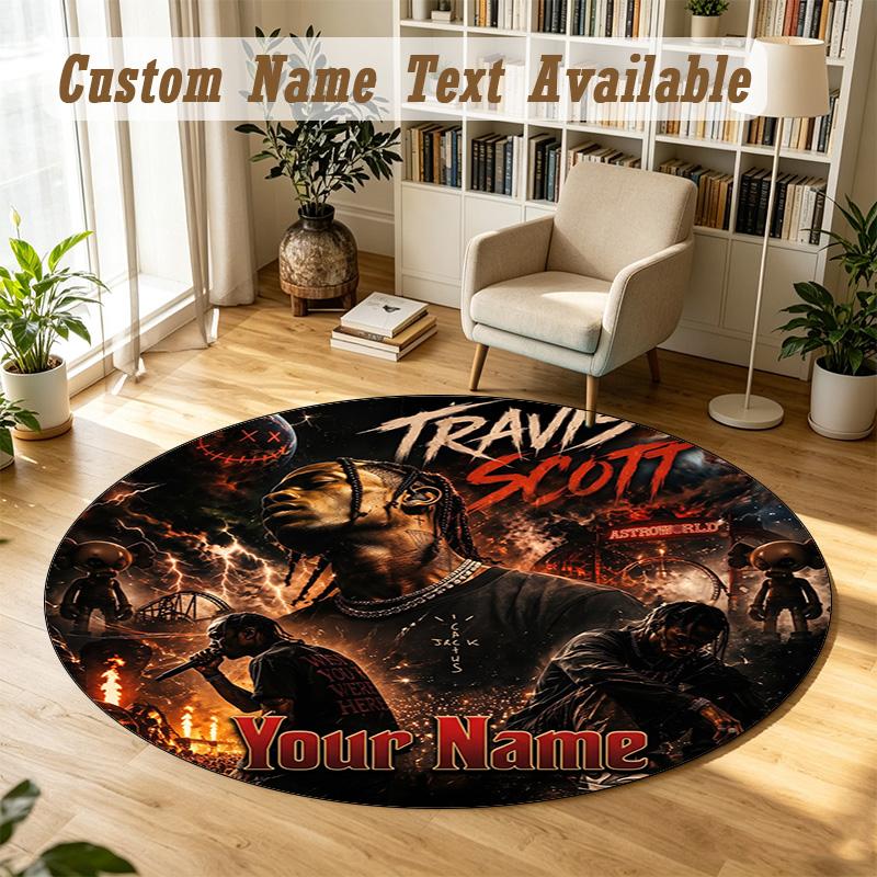 Round Rug Custom NameTravis Scott Pattern Non Slip Carpet Home Floor Decor