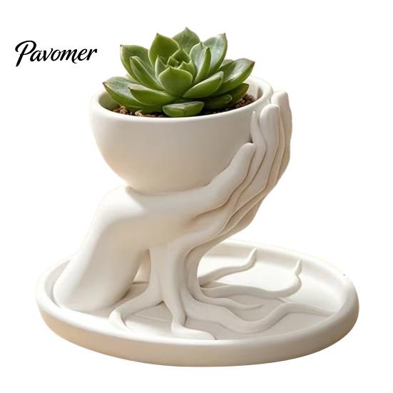 Natural Literary Style Tabletop Decor 3D Printed Palm Shaped Succulent Planter with Drainage Tray, Holding Decorative Root Texture Mini Flower