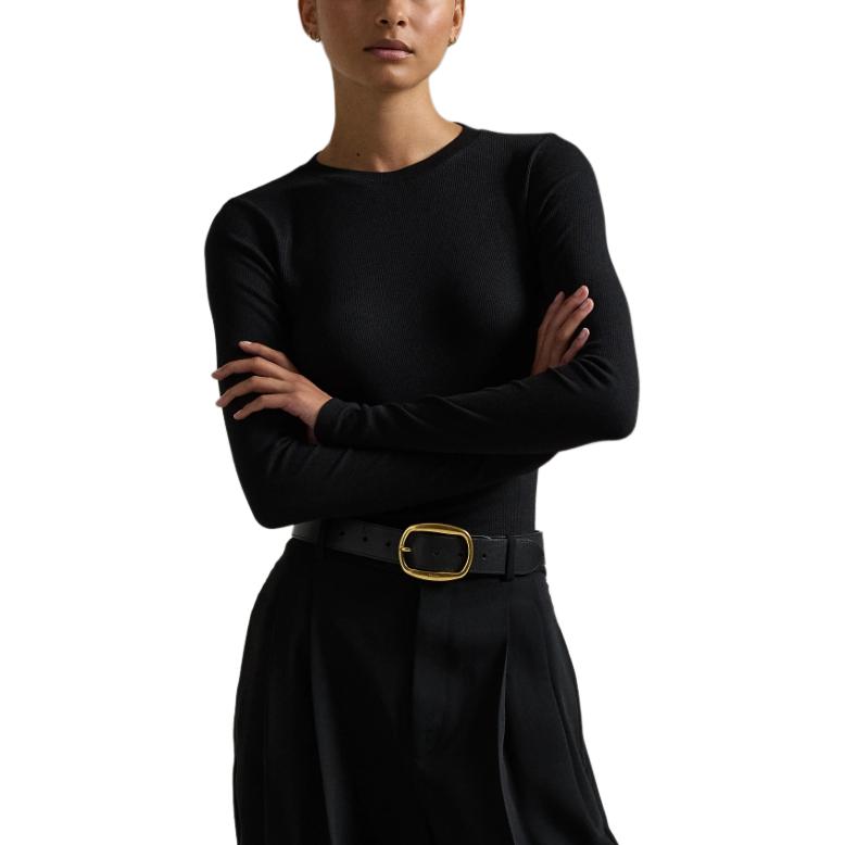 Polo Ralph Lauren FW24 Solid Ribbed Texture Crew Neck Slim Fit Long Sleeve T-Shirt Women Tops Black WMPOKNINC020182-001