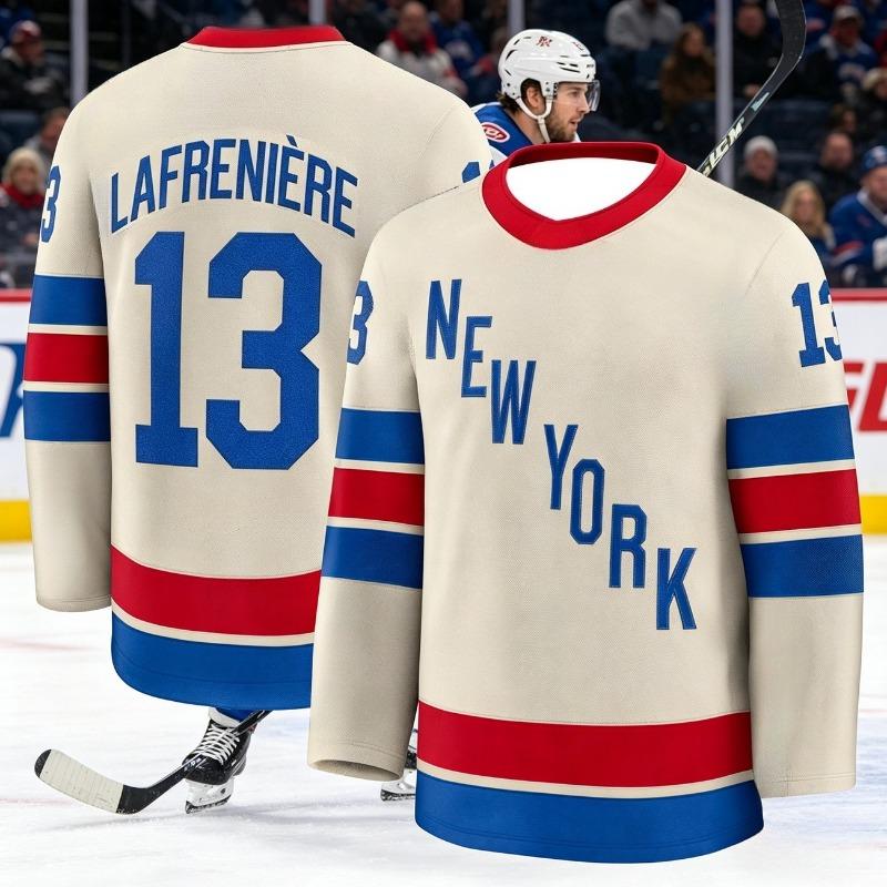 2026 Neuer Herren Eishockey Trainingsanzug - Rangers Team Serie 3D Stickerei Feuchtigkeitsableitend Weiß Langarm Oberteil Kinder