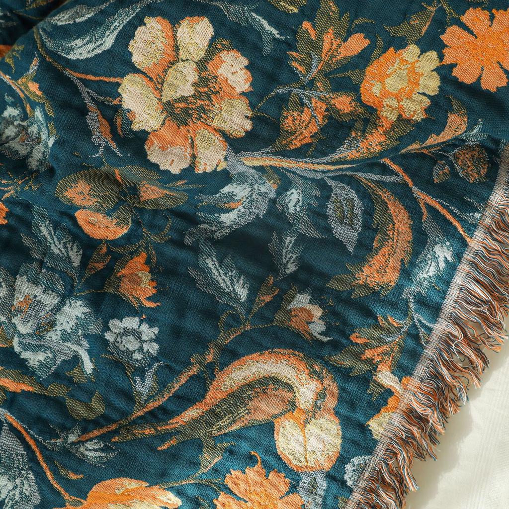 Retro Bedspread On The Bed Cotton Multilayer Gauze Floral Bird Towel Quilt AB-Side Tassel Blanket Sofa Cover Multifunction Cover