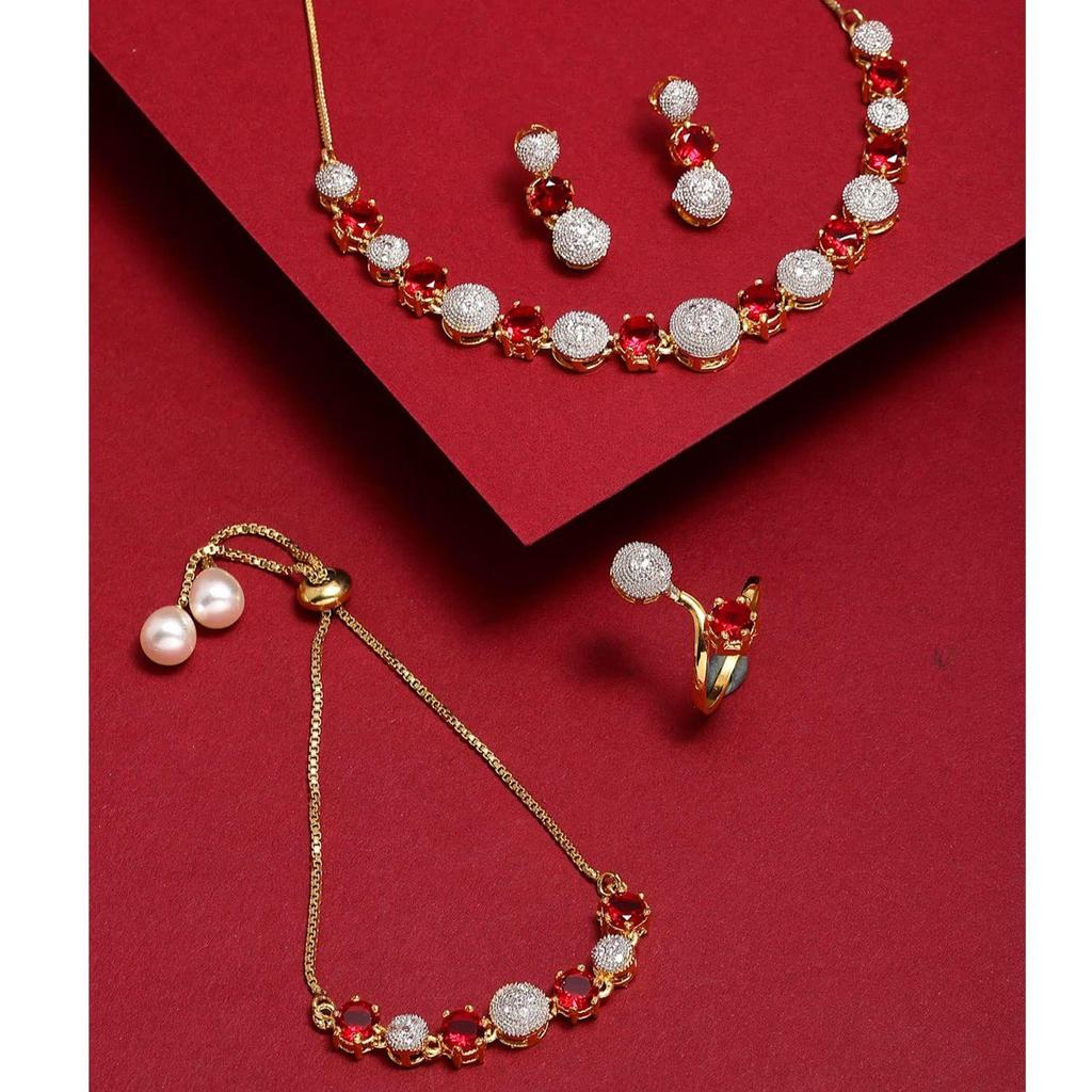 ZENEME Gold Plated Red & White American Diamond Studded Necklace  Set For Woment and Girl