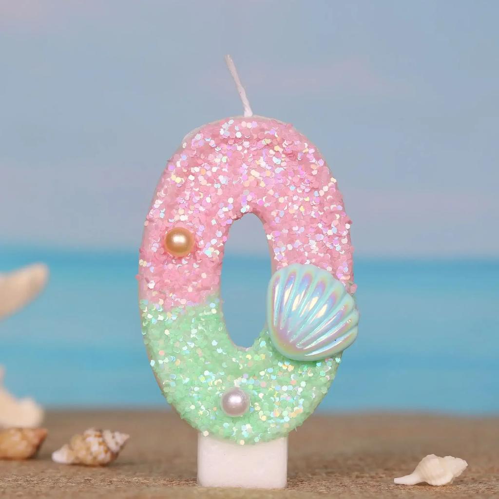 Ocean Mermaid Cake Candles Number 0-9 Number Candle Pink Green Cake Topper Candles Girls Birthday Party Cake Decoration Supplies