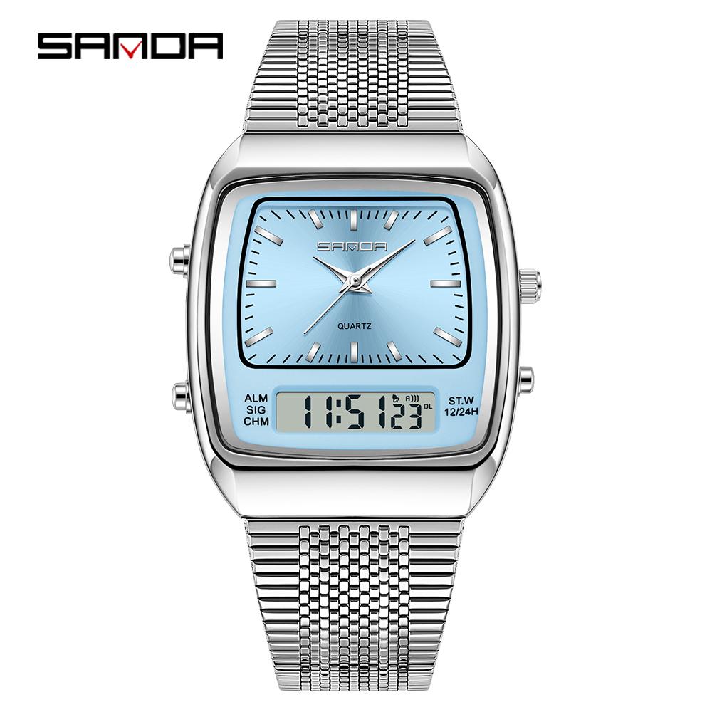Fashion Sanda 3393 Electronic Quartz Watch Multifunction Dual Display Clock Luminous Casual Mens Women Unisex Time Digital Watch