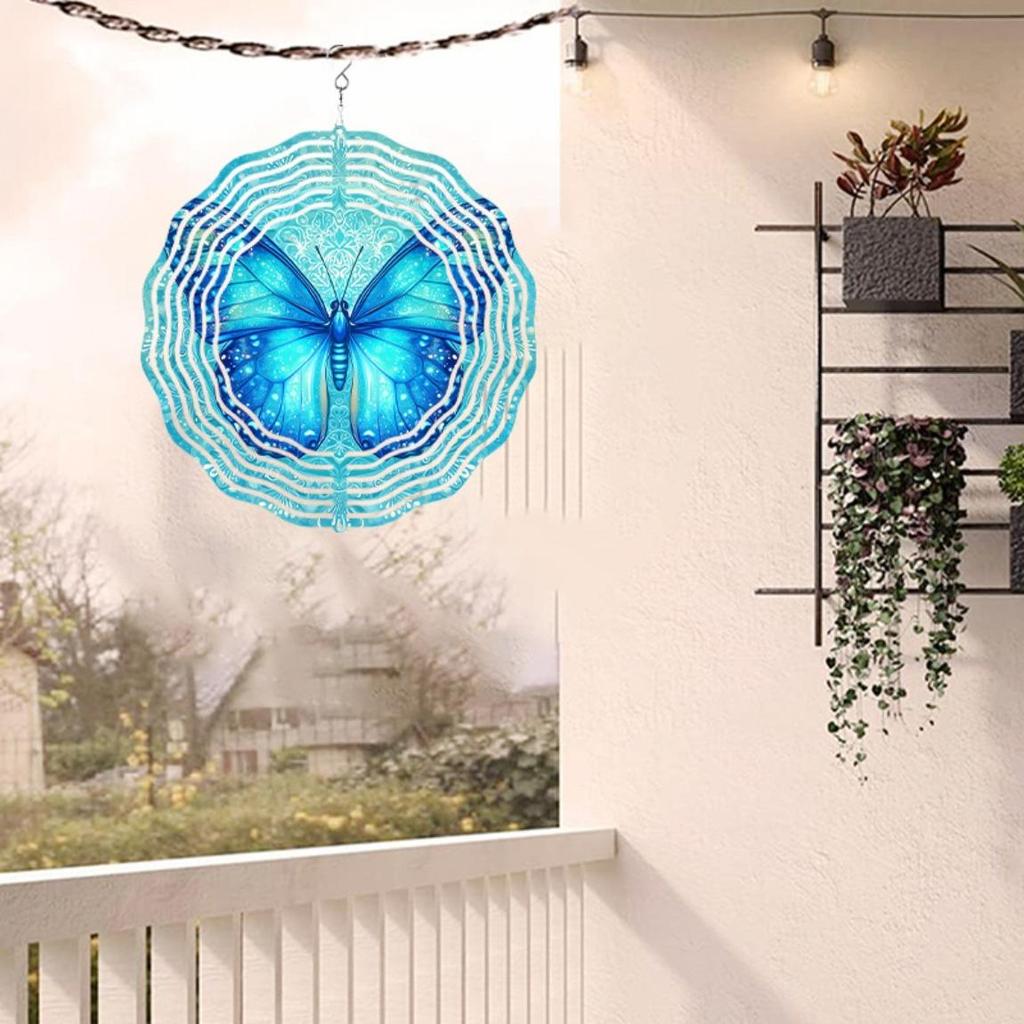 10 Inch Metal Wind Chime with 360 Degree Rotating Blue Butterflies for Patio Balcony Garden Decoration No Electricity Needed