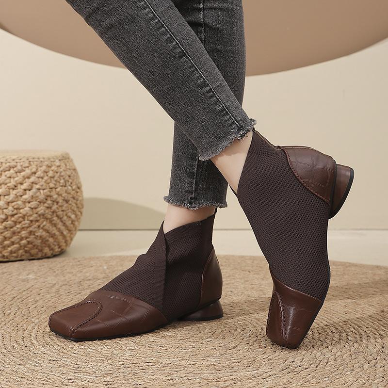 

Square head thick heel single shoes retro high-top women s shoes 2025 autumn new elastic knitted shoes splicing deep mouth 40 коричневый