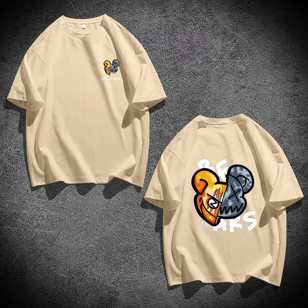 2025 New Men's Bear Print Cotton T-shirt Summer Short Sleeve Round Neck Tees Loose Classic Streetwear Oversized Unisex Tops